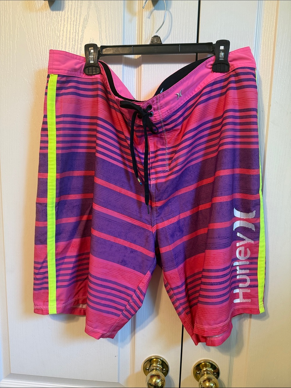 Hurley Men’s Pink and Purple Striped Board Shorts with Neon Yellow Side Trim